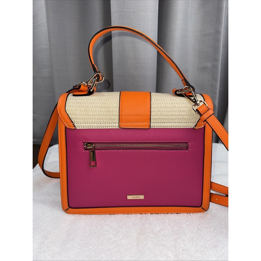 Aldo Satchel Handbag Hot Pink Orange Tan Raffia With Floral Embroidery EUC Cute! - Picture 3 of 9